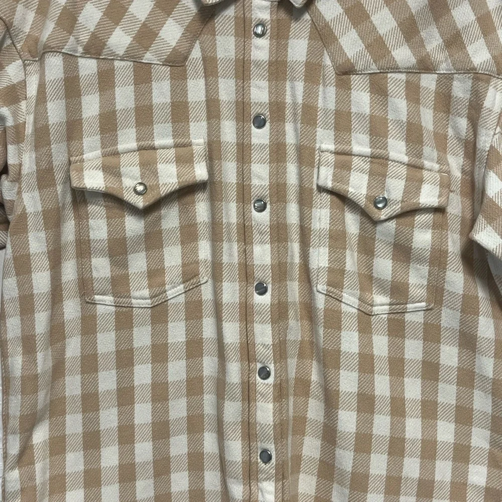 J. Crew Tan Checkered Pearl Snap Cotton Women's Button Down Shacket Shirt